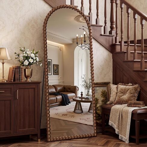 Vintage Full Length Mirror with Stand, 71x28 Inch Arched Beaded Full Body Mirrors, Large Floor Mirror Standing Mirror Full Length Wall Mounted Decor for Bedroom Living Room Cloakroom, PU Frame, Black in Saudi Arabia