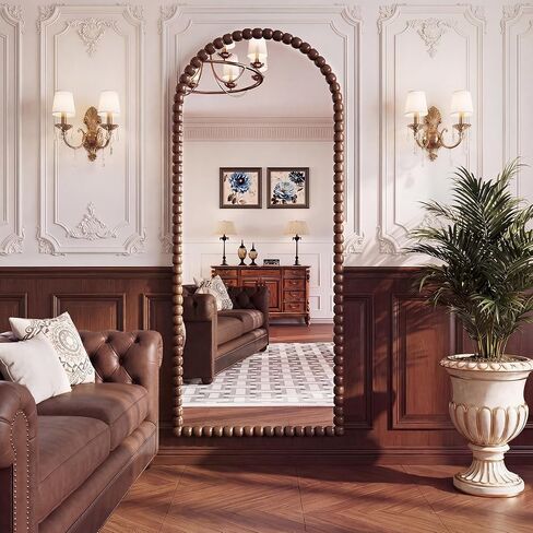 Vintage Full Length Mirror with Stand, 71x28 Inch Arched Beaded Full Body Mirrors, Large Floor Mirror Standing Mirror Full Length Wall Mounted Decor for Bedroom Living Room Cloakroom, PU Frame, Black in Saudi Arabia
