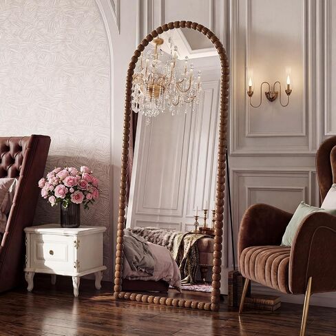 Vintage Full Length Mirror with Stand, 71x28 Inch Arched Beaded Full Body Mirrors, Large Floor Mirror Standing Mirror Full Length Wall Mounted Decor for Bedroom Living Room Cloakroom, PU Frame, Black in Saudi Arabia
