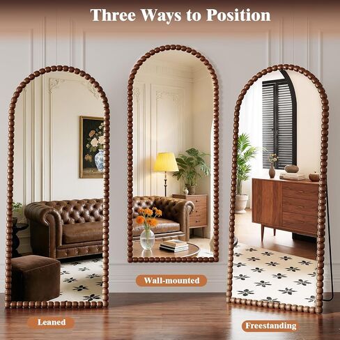 Vintage Full Length Mirror with Stand, 71x28 Inch Arched Beaded Full Body Mirrors, Large Floor Mirror Standing Mirror Full Length Wall Mounted Decor for Bedroom Living Room Cloakroom, PU Frame, Black in Saudi Arabia