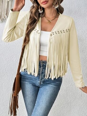 Women's Elegant Solid Color Tassel Trimmed Front Open Long Sleeved Jacket Coat in Kuwait