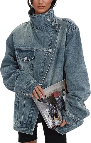 Denim Jackets for Women Trendy Oversized Long Sleeve Lapel Jean Jacket with Pockets Casual Streetwear in Saudi Arabia