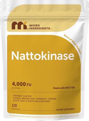 المكونات الدقيقة ناتوكيناز 120 كبسولة هلامية، 200 مجم (4000 وحدة FU) لكل وجبة | مكمل Nattokinase 7 في 1 مع مرافق الإنزيم Q10 والبروميلين والكركم والزنجبيل وأوراق الزيتون ولحاء الصفصاف الأبيض | غير معدل وراثيًا in Kuwait