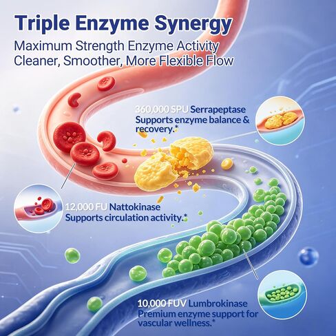 Ultimate Nattokinase 12,000FU Serrapeptase 360,000 SPU Lumbrokinase 10,000 FUV مكمل الإنزيم الثلاثي - مكمل Nattokinase لدعم القلب والأوعية الدموية والدورة الدموية، خالي من الغلوتين، 90 كبسولة in Kuwait