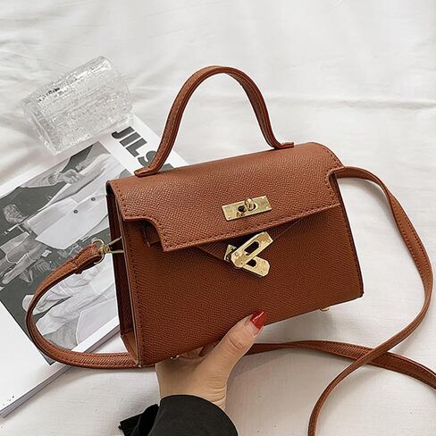 Womens Elegant Vegan Leather Shoulder Bag Mini Crossbody Top Handle Bag Gold Lock Closure for Daily Work Party Travel in Kuwait