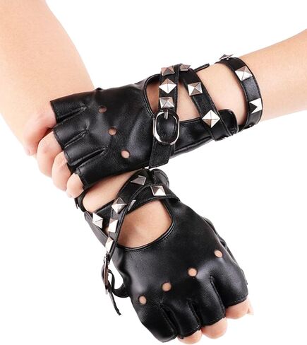 Ladies PU Leather Punk Gloves - 80s Style Punk Biker Fingerless Glove Driving Cycling Sports Cosplay Performance Half Finger Studded Gloves for Women Teens in Saudi Arabia