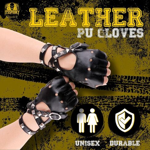 Ladies PU Leather Punk Gloves - 80s Style Punk Biker Fingerless Glove Driving Cycling Sports Cosplay Performance Half Finger Studded Gloves for Women Teens in Saudi Arabia