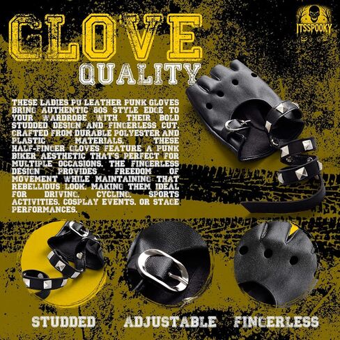 Ladies PU Leather Punk Gloves - 80s Style Punk Biker Fingerless Glove Driving Cycling Sports Cosplay Performance Half Finger Studded Gloves for Women Teens in Saudi Arabia