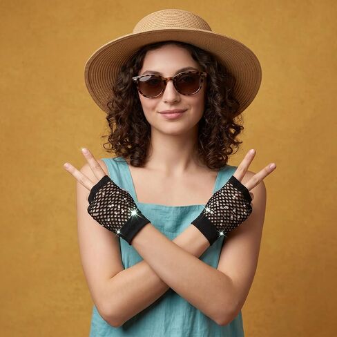 2 Pairs Rhinestone Fishnet Gloves Short Black Fingerless Fishnet Gloves 80s Accessories for Women Girls Cosplay Party Halloween in Saudi Arabia