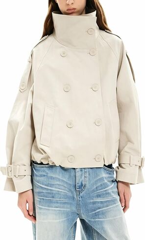 Womens Cropped Trench Coat Funnel Neck Double Breasted Pleated Hem Trendy Fall Outfits Spring Jackets with Pockets in Saudi Arabia
