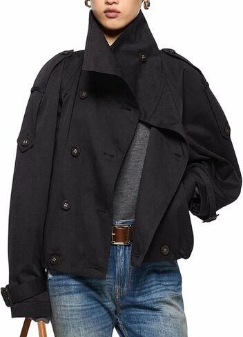Womens Cropped Trench Coat Funnel Neck Double Breasted Pleated Hem Trendy Fall Outfits Spring Jackets with Pockets in Kuwait