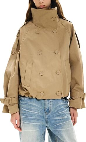 Womens Cropped Trench Coat Funnel Neck Double Breasted Pleated Hem Trendy Fall Outfits Spring Jackets with Pockets in Kuwait