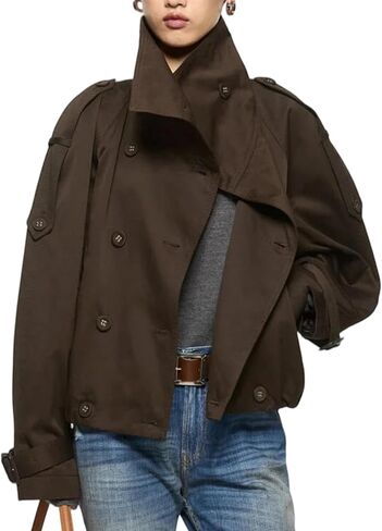 Womens Cropped Trench Coat Funnel Neck Double Breasted Pleated Hem Trendy Fall Outfits Spring Jackets with Pockets in Kuwait