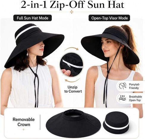Women Wide Brim Sun Hat 2 in 1 UV Protection Bucket Fishing Hats for Safari Hiking Garden with Detachable Crown in Saudi Arabia