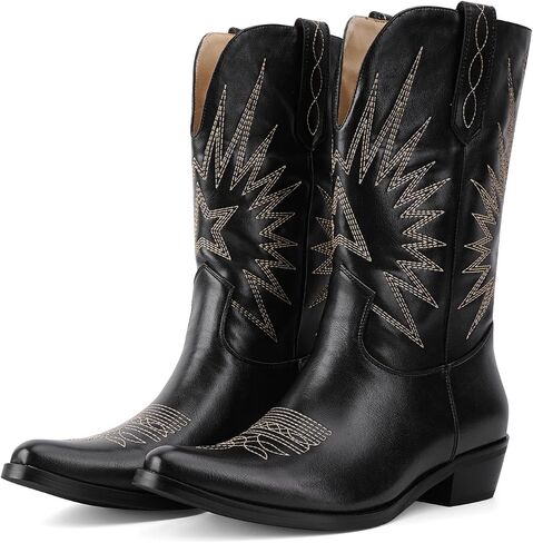 QIV Cowboy Boots for Women Western Mid Calf Pointed Toe Chunky Heel Cowgirl Boots with Embroidered in Saudi Arabia