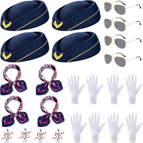 20 Pcs 4 Set Women Flight Attendant Costume Accessories Stewardess Outfits Bellhop Hat Scarf Sunglasses Gloves Badge in Kuwait