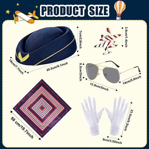 20 Pcs 4 Set Women Flight Attendant Costume Accessories Stewardess Outfits Bellhop Hat Scarf Sunglasses Gloves Badge in Kuwait
