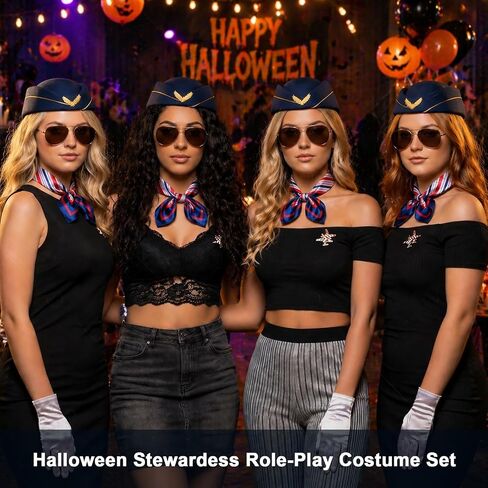 20 Pcs 4 Set Women Flight Attendant Costume Accessories Stewardess Outfits Bellhop Hat Scarf Sunglasses Gloves Badge in Kuwait