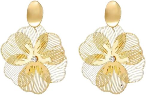 Double Layer Gold Flower Clip On Earrings for Women Hollow Ear Clips Non Pierced Zircon in Saudi Arabia