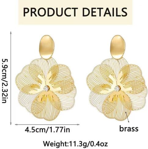 Double Layer Gold Flower Clip On Earrings for Women Hollow Ear Clips Non Pierced Zircon in Saudi Arabia