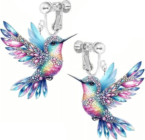 Hummingbird Earrings, Clip on Earrings for Women Non Pierced Screw Back Hypoallergenic 2D Acrylic Dangling Novelty Fun Blue Colorful Cute Humming Bird Drop Dangle Jewelry in Saudi Arabia