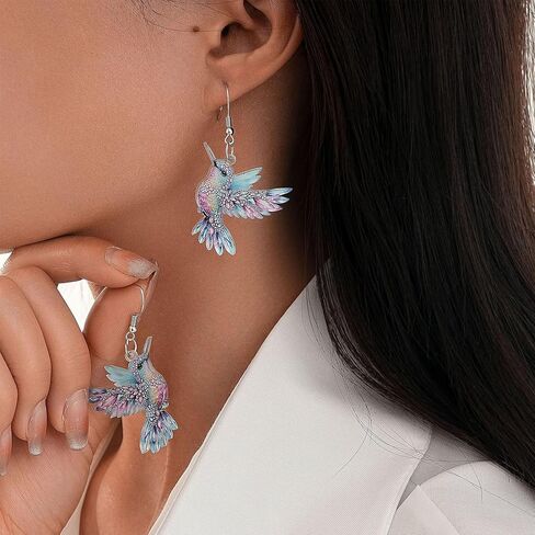 Hummingbird Earrings, Clip on Earrings for Women Non Pierced Screw Back Hypoallergenic 2D Acrylic Dangling Novelty Fun Blue Colorful Cute Humming Bird Drop Dangle Jewelry in Saudi Arabia
