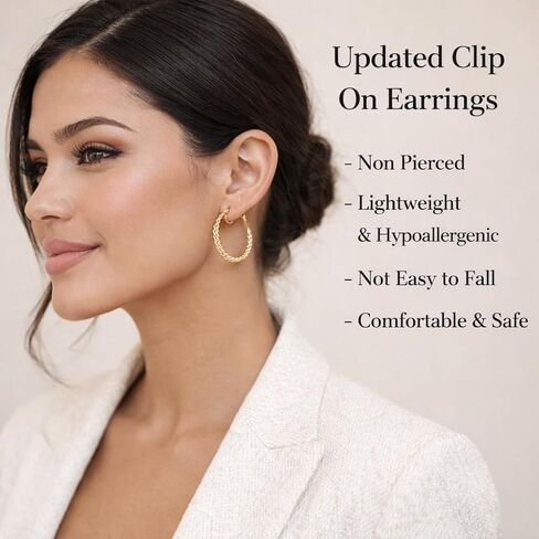 Clip On Earrings for Women, 14K Gold/Silver Statement Hoop Earrings Trendy Hypoallergenic Twisted Dangle Drop Earrings for Non Pierced Ears Jewelry Gifts in Saudi Arabia