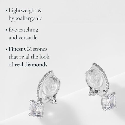 Nadri Clip On Earrings for Women - Rhodium Plated Dangly Clip On Earrings With Cushion Cut Cubic Zirconia Stones - Jewelry for Women in Saudi Arabia