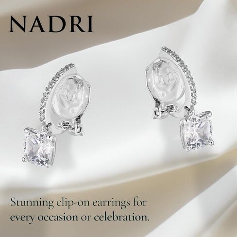 Nadri Clip On Earrings for Women - Rhodium Plated Dangly Clip On Earrings With Cushion Cut Cubic Zirconia Stones - Jewelry for Women in Saudi Arabia