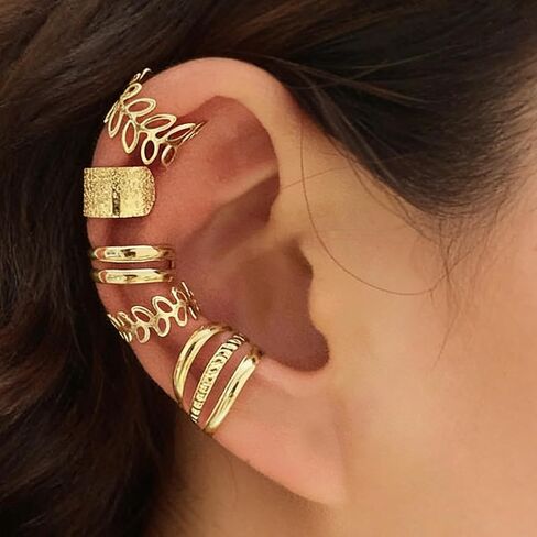 5 Pcs Non Piercing Ear Cuffs Set for Women, Adjustable Clip on Cartilage Earrings, Trendy Stackable Fake Jewelry for Multiple Ear Piercing Look, Gold Tone in Kuwait