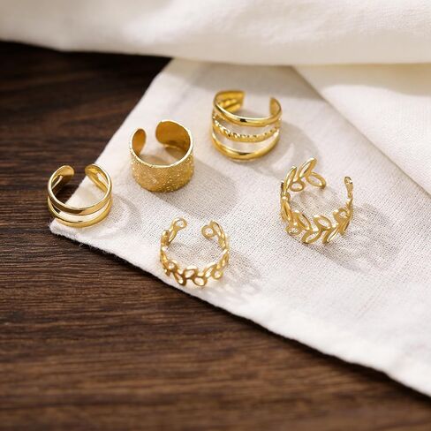 5 Pcs Non Piercing Ear Cuffs Set for Women, Adjustable Clip on Cartilage Earrings, Trendy Stackable Fake Jewelry for Multiple Ear Piercing Look, Gold Tone in Kuwait