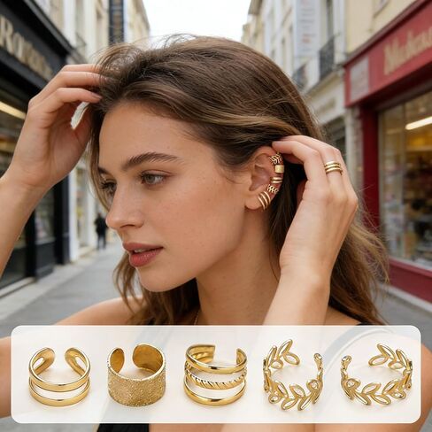 5 Pcs Non Piercing Ear Cuffs Set for Women, Adjustable Clip on Cartilage Earrings, Trendy Stackable Fake Jewelry for Multiple Ear Piercing Look, Gold Tone in Kuwait