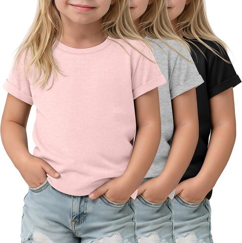 3 Pack Toddler Girls Short Sleeve T Shirts Kids Crewneck Rolled Cuffs Summer Tee Solid Color Casual Tops in Kuwait
