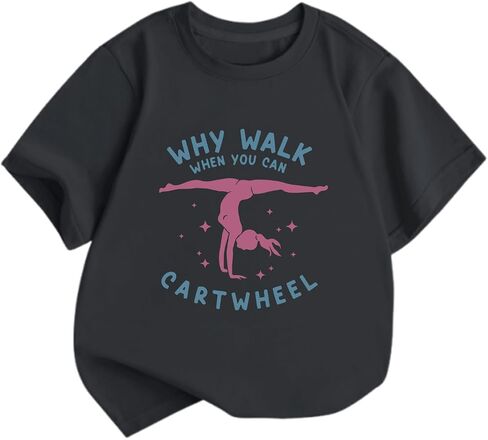 Cute Gymnastics Shirts for Girls Why Walk When You Can Cartwheel T-Shirts Kids Graphic Tees Short Sleeve Preppy Tops in Saudi Arabia
