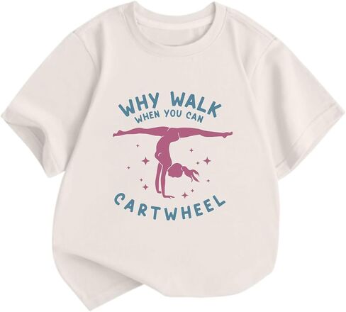 Cute Gymnastics Shirts for Girls Why Walk When You Can Cartwheel T-Shirts Kids Graphic Tees Short Sleeve Preppy Tops in Saudi Arabia
