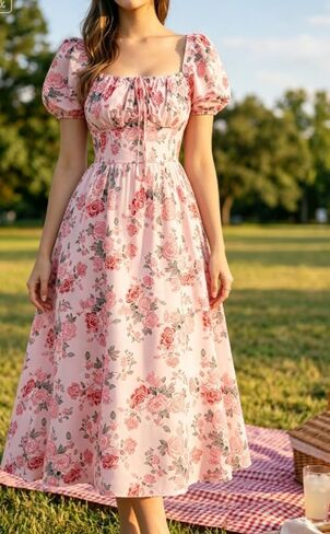 Plus Size Floral Print Puff Sleeve Midi Dress, Square Neck Flowy Dress for Summer Vacation in Kuwait