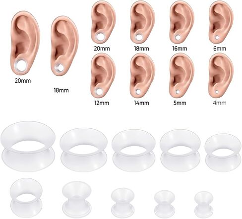 6G-20mm Thin & Thick Silicone Ear Gauges Stretching Kit 20Pcs Double Flared Flexible Tunnels Plugs Soft Starter Stretchers Expander Clear Earring Piercings Jewelry for Men Women in Kuwait