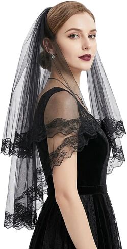 Black Lace Veil, 2 Tiers Short Wedding Veil, Embroidered Floral Edge Tulle Gothic Black Veils Brides with Comb for Women Bride Bridal Shower Halloween in Saudi Arabia