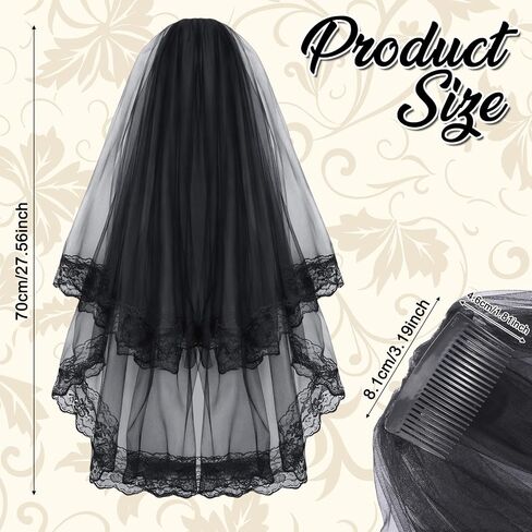 Black Lace Veil, 2 Tiers Short Wedding Veil, Embroidered Floral Edge Tulle Gothic Black Veils Brides with Comb for Women Bride Bridal Shower Halloween in Saudi Arabia