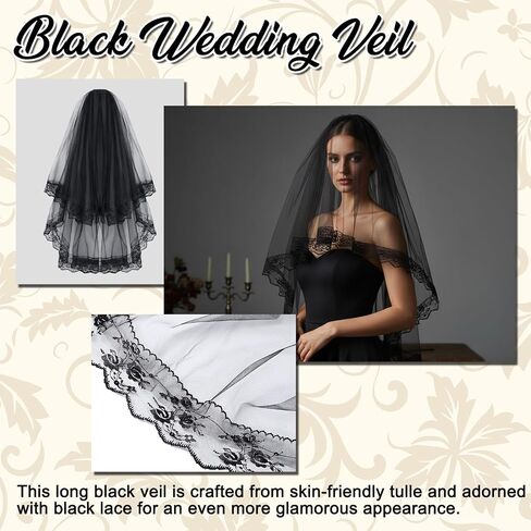 Black Lace Veil, 2 Tiers Short Wedding Veil, Embroidered Floral Edge Tulle Gothic Black Veils Brides with Comb for Women Bride Bridal Shower Halloween in Saudi Arabia