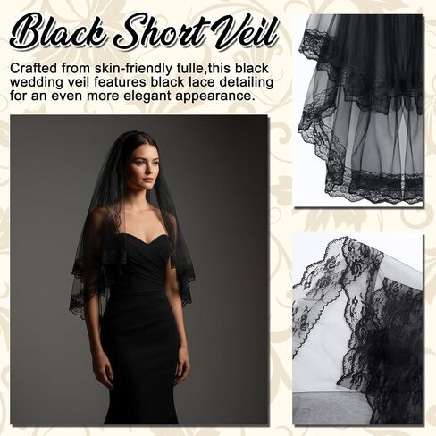 Black Lace Veil, 2 Tiers Short Wedding Veil, Embroidered Floral Edge Tulle Gothic Black Veils Brides with Comb for Women Bride Bridal Shower Halloween in Saudi Arabia