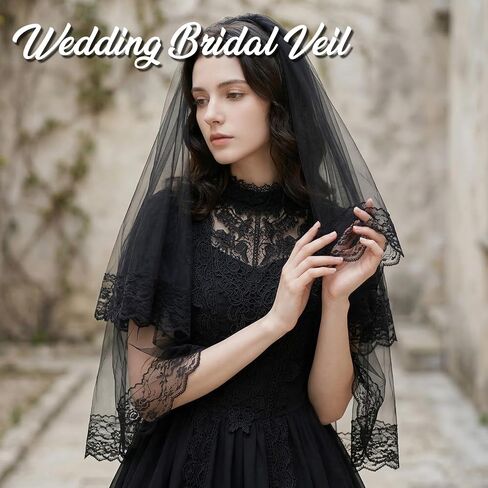 Black Lace Veil, 2 Tiers Short Wedding Veil, Embroidered Floral Edge Tulle Gothic Black Veils Brides with Comb for Women Bride Bridal Shower Halloween in Saudi Arabia