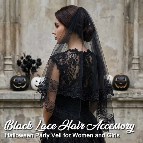 Black Lace Veil, 2 Tiers Short Wedding Veil, Embroidered Floral Edge Tulle Gothic Black Veils Brides with Comb for Women Bride Bridal Shower Halloween in Saudi Arabia