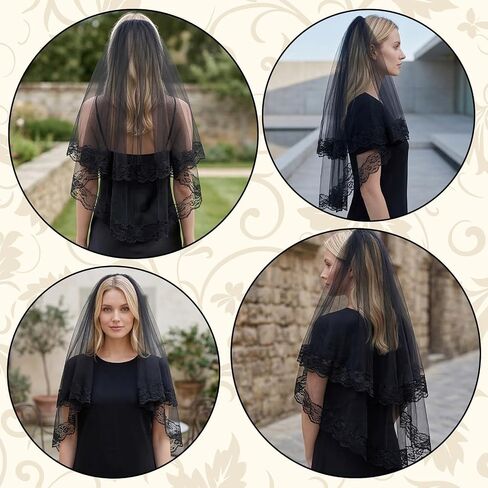 Black Lace Veil, 2 Tiers Short Wedding Veil, Embroidered Floral Edge Tulle Gothic Black Veils Brides with Comb for Women Bride Bridal Shower Halloween in Saudi Arabia