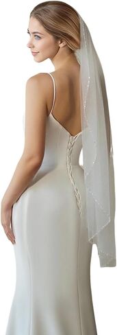 Wedding Veil Beaded and Crystal Edge FingerTip Length Bridal Veils with Comb in Saudi Arabia