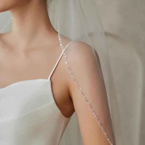 Wedding Veil Beaded and Crystal Edge FingerTip Length Bridal Veils with Comb in Saudi Arabia