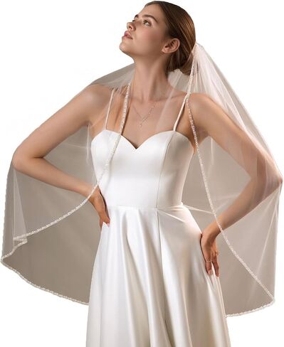 Wedding Veil Beaded and Crystal Edge FingerTip Length Bridal Veils with Comb in Saudi Arabia