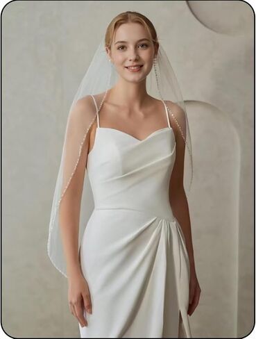 Wedding Veil Beaded and Crystal Edge FingerTip Length Bridal Veils with Comb in Saudi Arabia