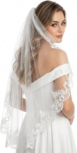 White Wedding Veils for Brides,1 Tier Floral Edge Bridal Tulle Veil Lace Wedding Veils with Comb,33.5in in Saudi Arabia