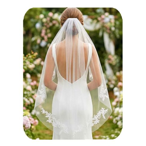 HEREAD Lace Bride Wedding Veil Short Fingertip Length 1 Tier Bridal Tulle Veils with Comb for Women (White) in Saudi Arabia